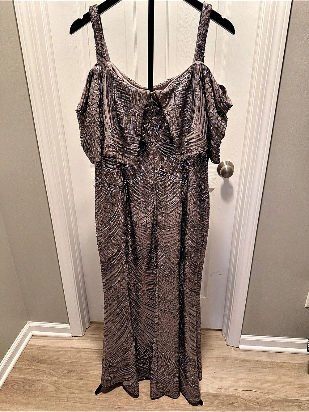 R&M Richards Sequin Draped Maxi Dress in Brown & Gray Size 16w - Picture 2 of 5